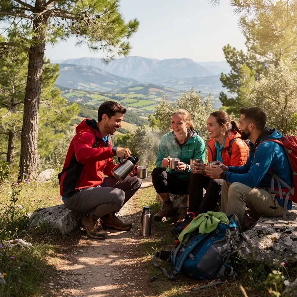 Pogled na mirnu prirodu uz čajnik i šalice na stolu vani