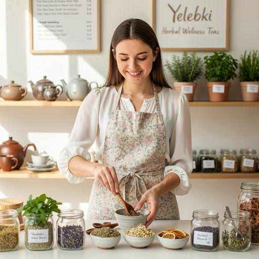 Biljni čaj u transparentnoj čaši uz svježe začinsko bilje na bijelom tanjuru.